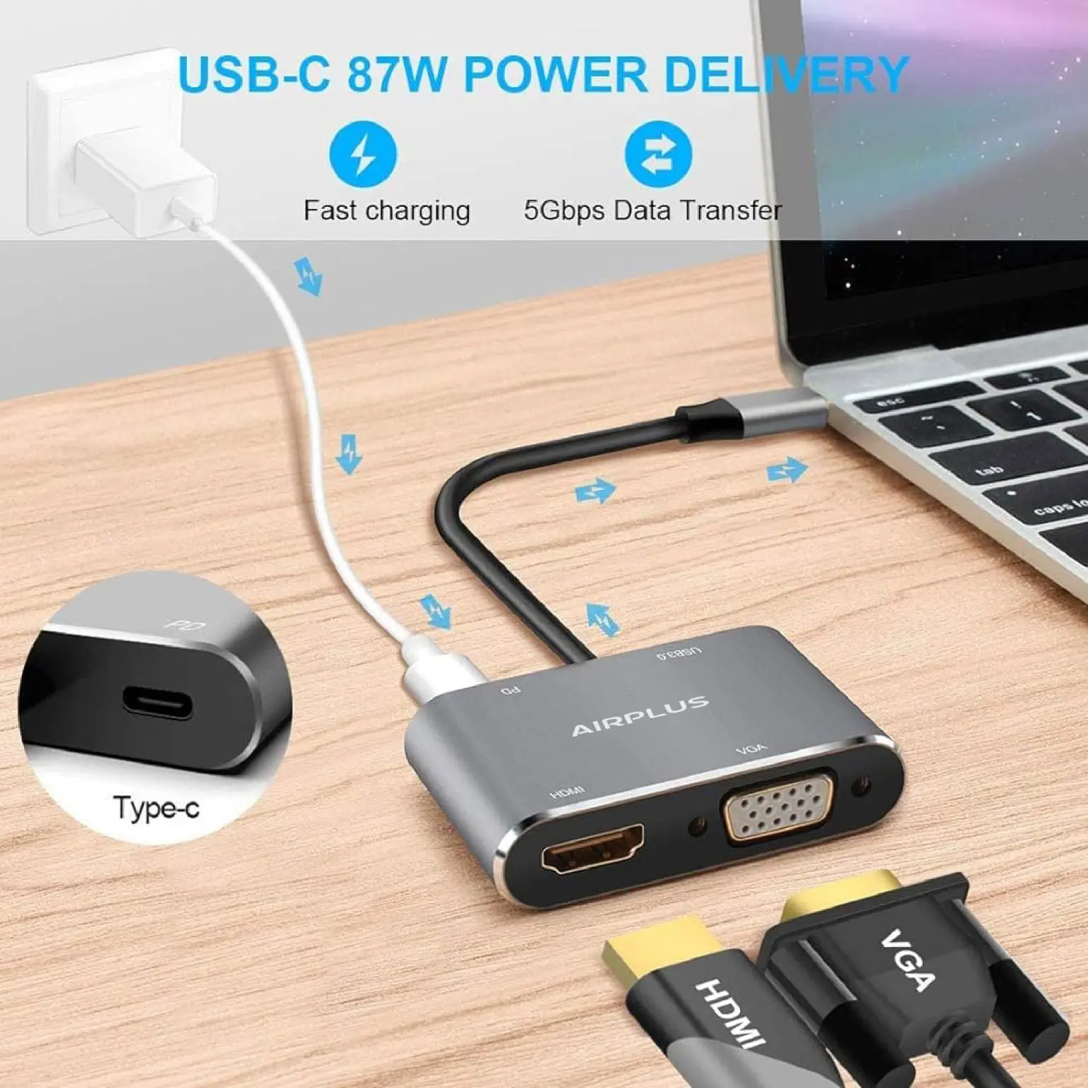 Adaptateur USB-C 4 en 1 HDMI VGA - Airplus 1 Adaptateur USB-C 4 en 1 HDMI VGA - Airplus